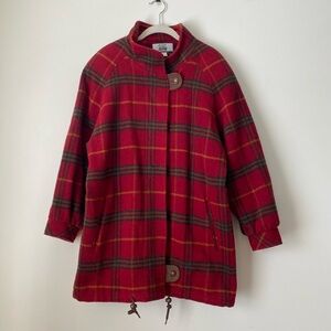 Vintage 80s/90s Fleet Street Wool Red Tartan Plaid Coat with Suede Accents